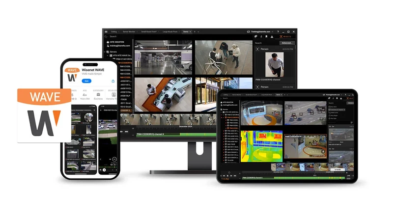 Wisenet WAVE on a monitor, tablet and phone