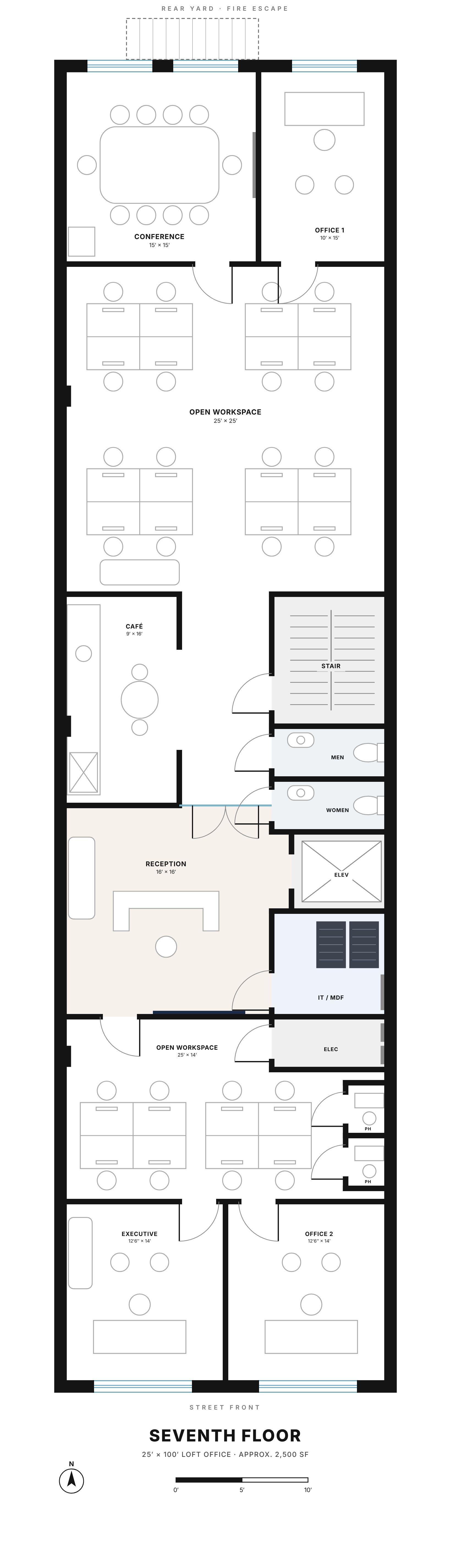 Seventh floor plan of a 25 by 100 foot loft office: conference room and office at the rear, open workspace, cafe, core with stair, restrooms, elevator and IT room, reception, second workspace, executive office and office at the street front